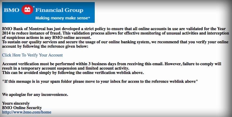 bank account verification email scam Bank of Montreal